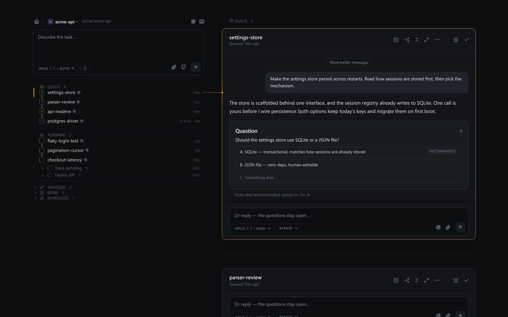 Ntwine focused on one project: the prompt box and the project's threads on the left, and on the right the first queue card, where an agent asks whether the settings store should use SQLite or a JSON file, with numbered options and a countdown to the recommended pick.