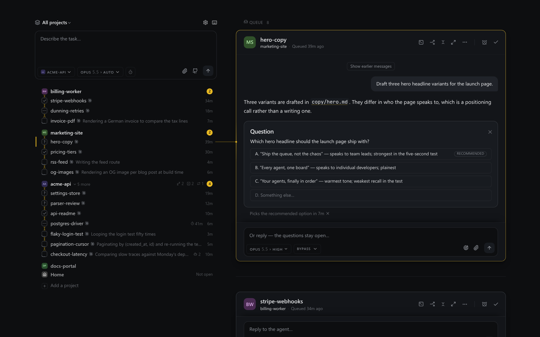 The All projects page: billing-worker, marketing-site and acme-api each list their threads on the left, and the cards from every project are queued on the right.